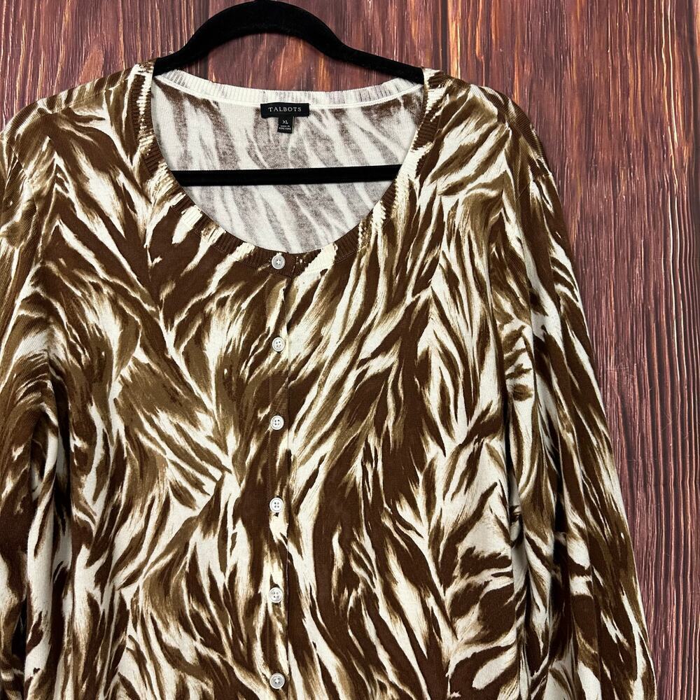 Talbots Cardigan Long Sleeve Animal Print Button Down Cotton Blend Brown Size XL - Picture 3 of 7